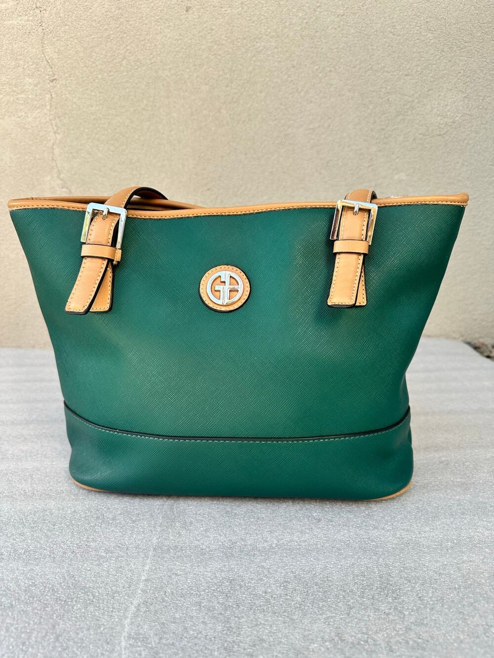 Giani Bernini Green Saffiano Faux Leather Tote Bag Tan Trim Shoulder Purse